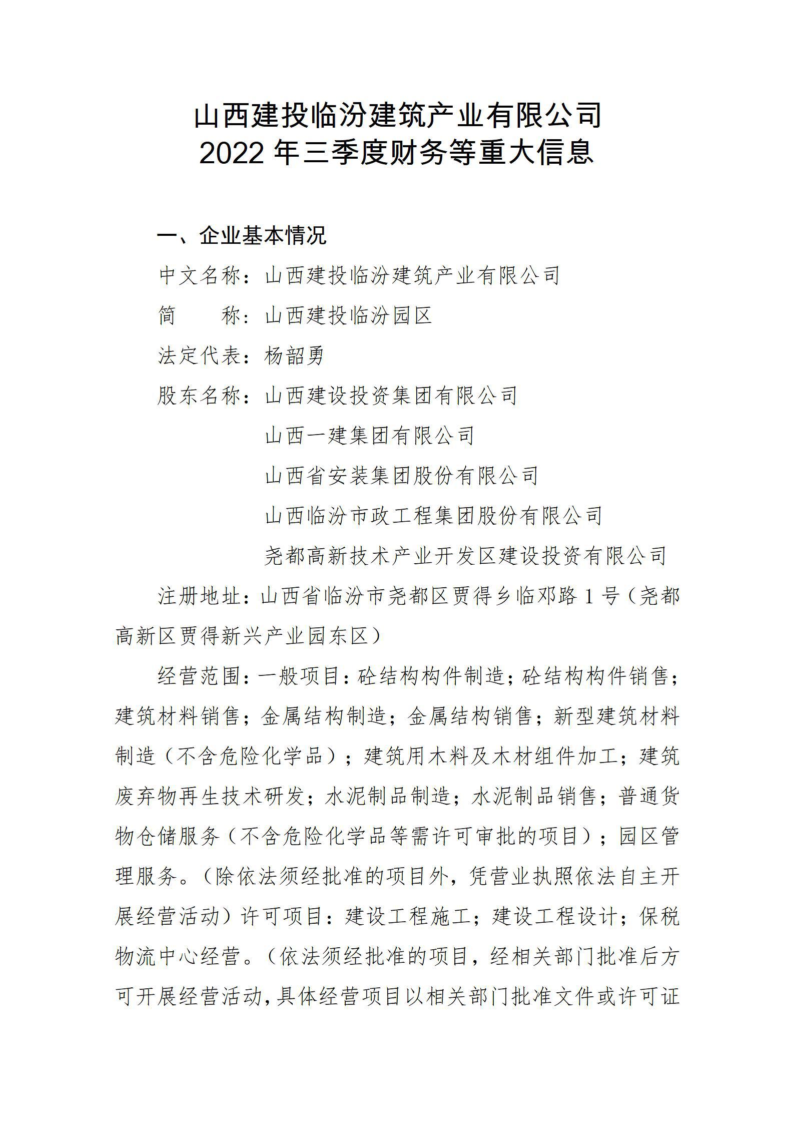 九游会真人第一品牌游戏合营临汾建筑产业有限公司2022年三季度财务等重大信息