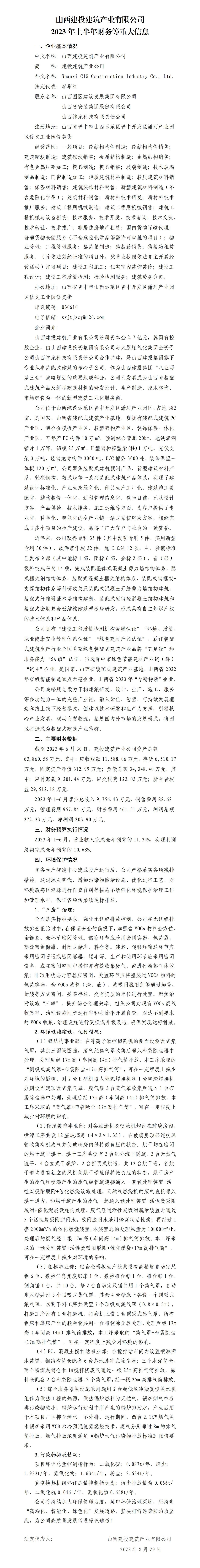 九游会真人第一品牌游戏合营建筑产业有限公司2023年上半年财务等重大信息