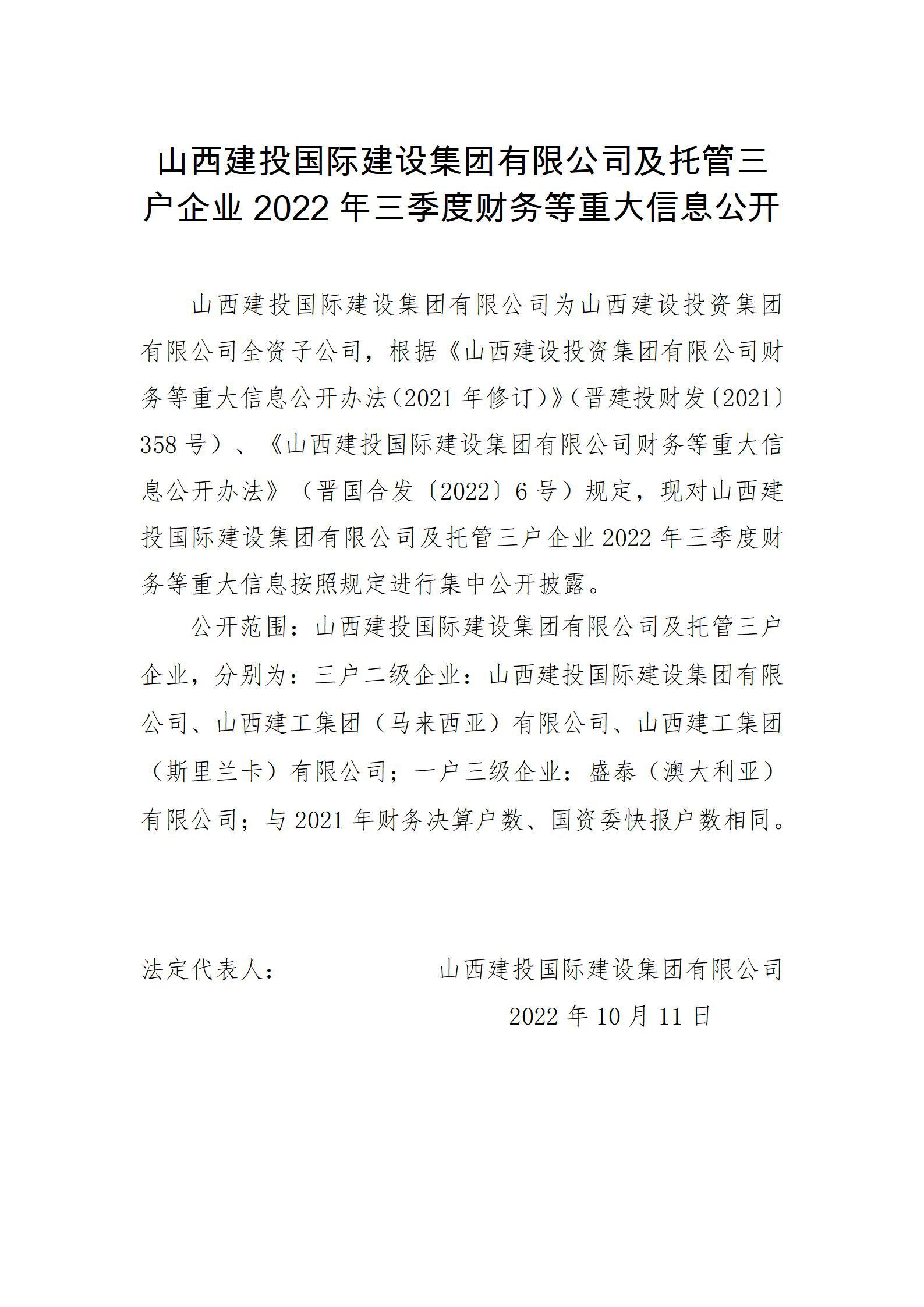 九游会真人第一品牌游戏合营国际建设集团有限公司及托管三户企业2022年三季度财务等重大信息公开